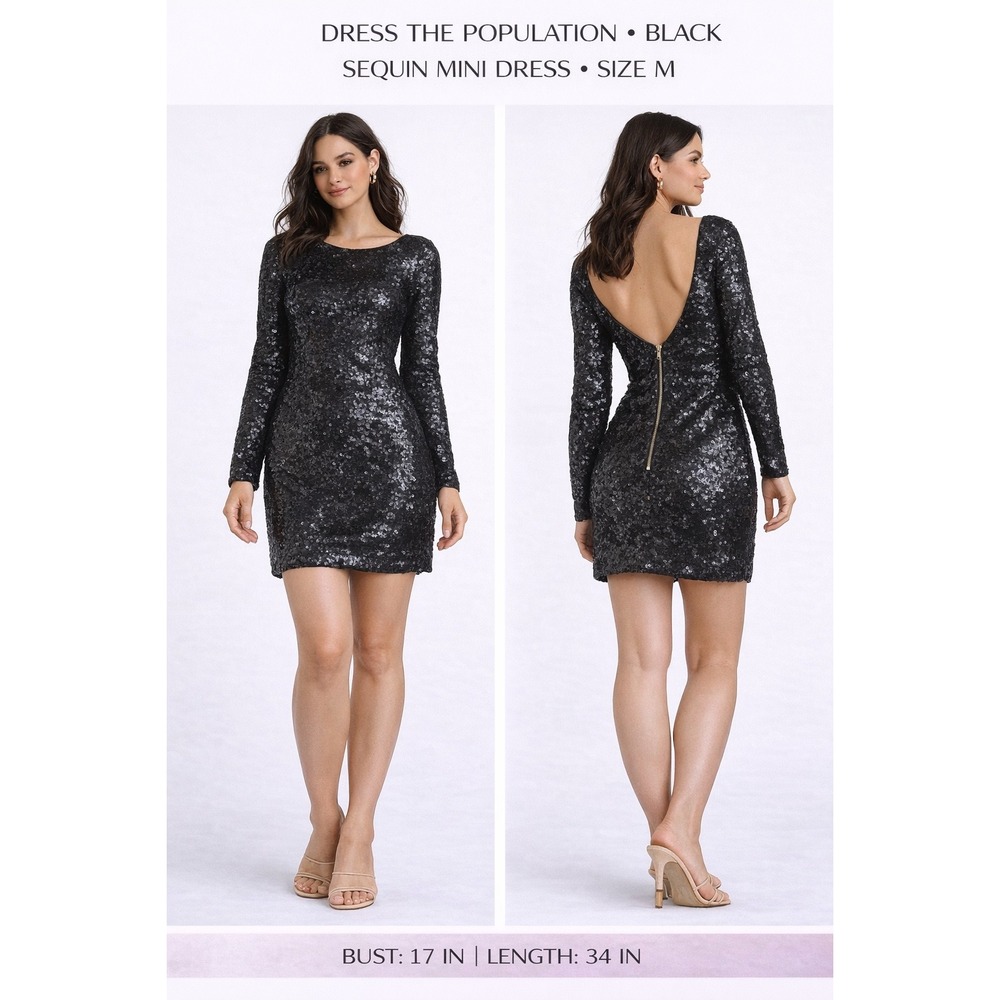 Dress The Population Black Sequin Mini Dress Long Sleeve Low Back Size M Holiday